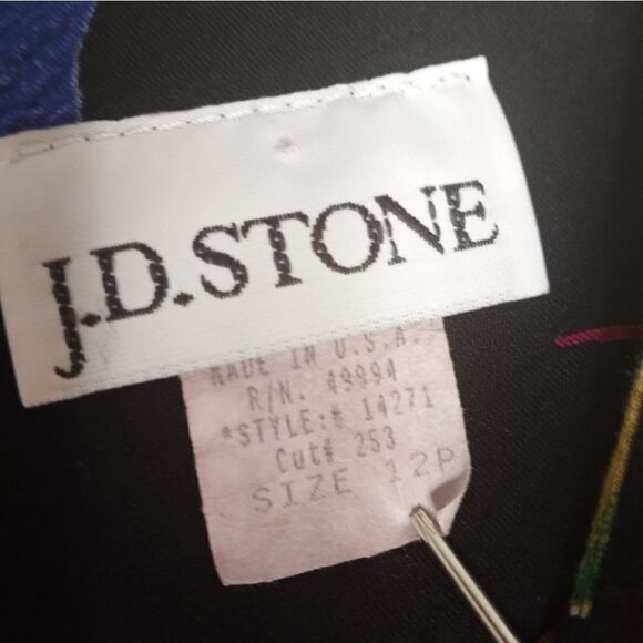 J.D. Stone 12 Black Multicolor Belt ShrtSlves SlitSides Rayon Women's Midi Dress - Picture 2 of 11